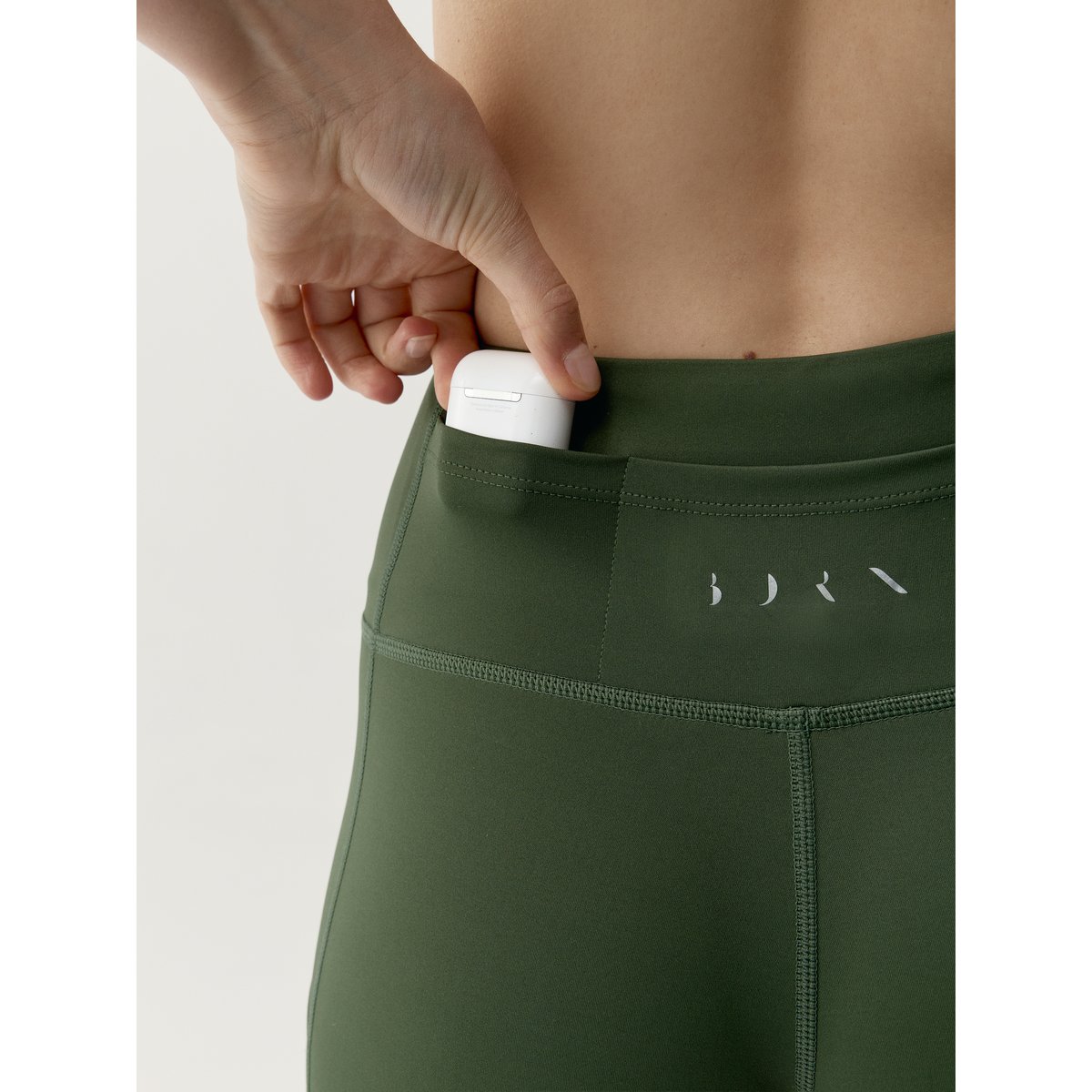 Legging de sport femme Asura Longueur longue taille haute double ceinture vert olive profond, BORN