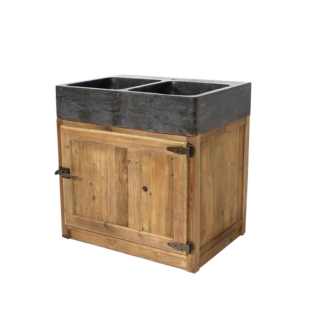 Meuble bas de cuisine en bois recyclé et pierre bleue CHAMPÊTRE bois clair, MADE IN MEUBLES