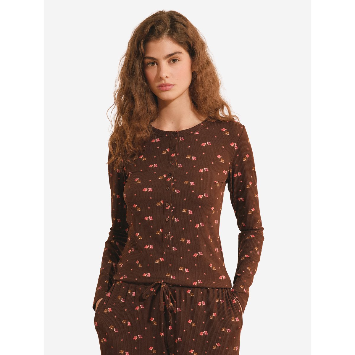 T-shirt de pyjama côtelé à imprimé feuillage HELIA marron, ETAM