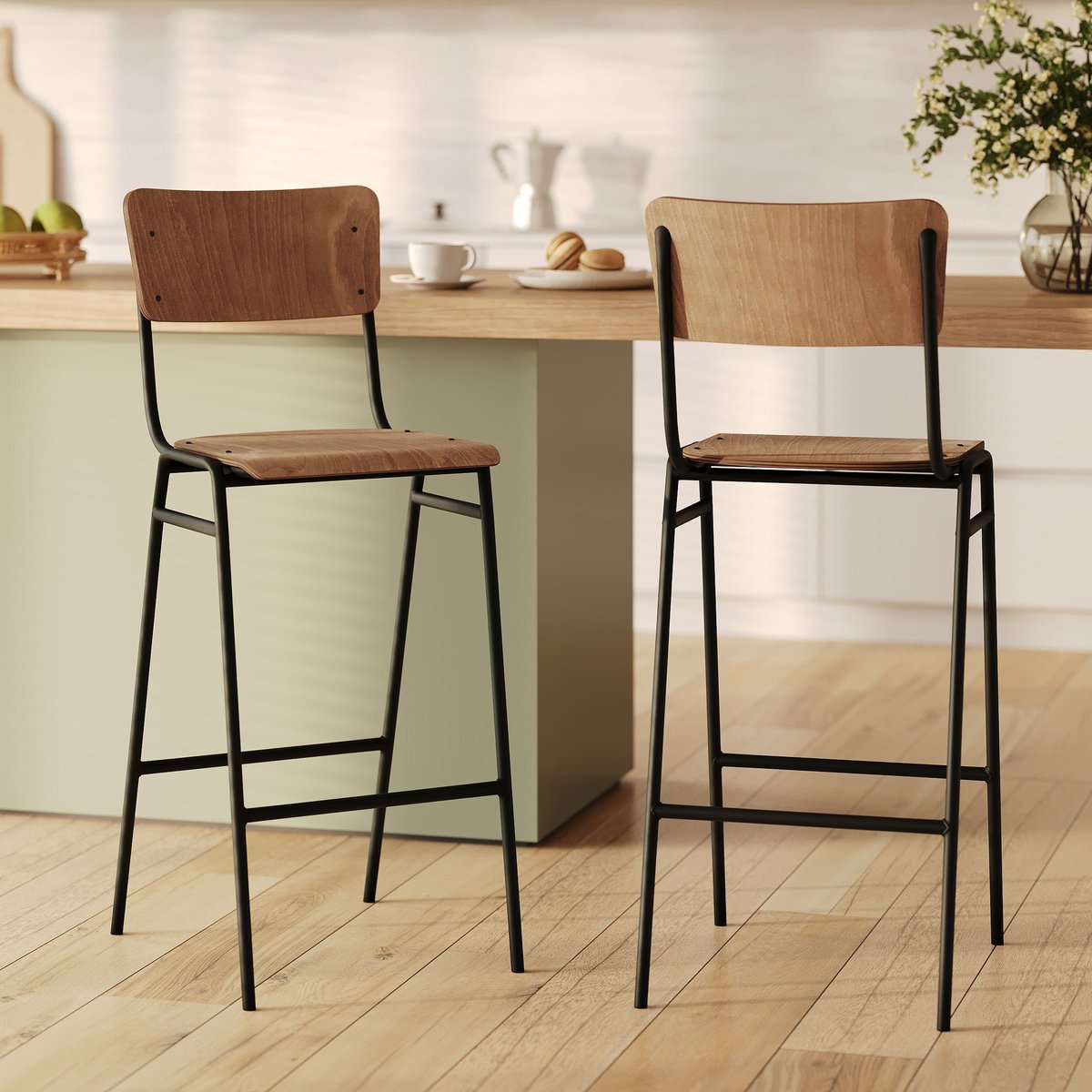 Lot de 2 chaises de bar 75 cm en bois - CLEM bois foncé, MAISON PAVANE