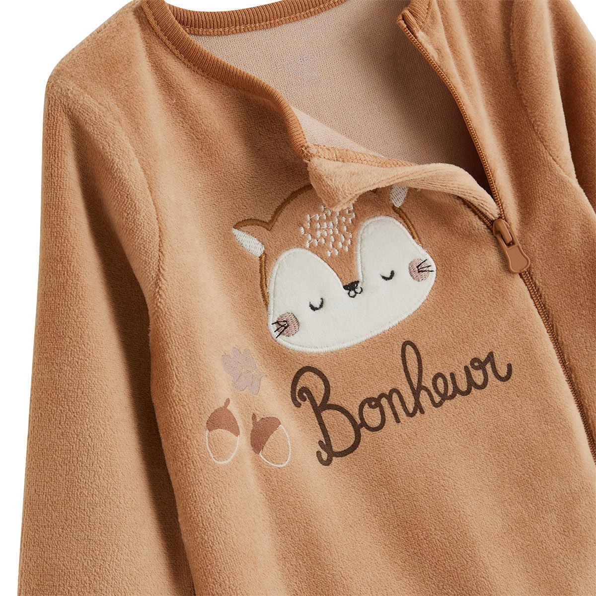 Lot de 2 pyjamas bébé en velours ouverture zippée Caramel marron, PETIT BEGUIN
