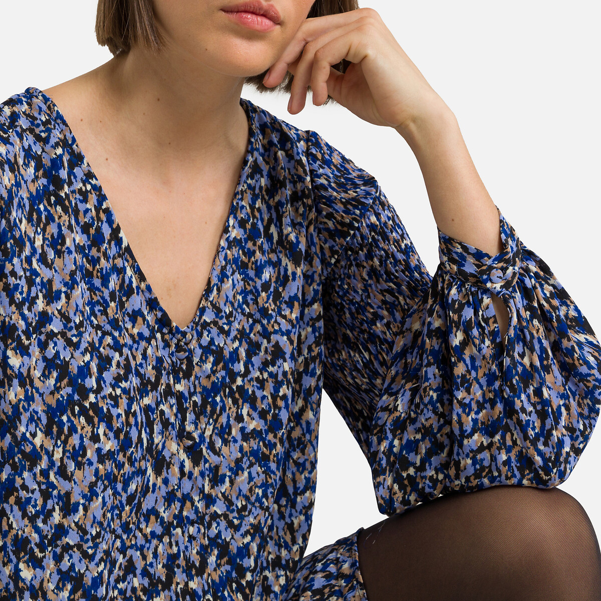 Robe courte imprimée, col V imprimé bleu, VERO MODA