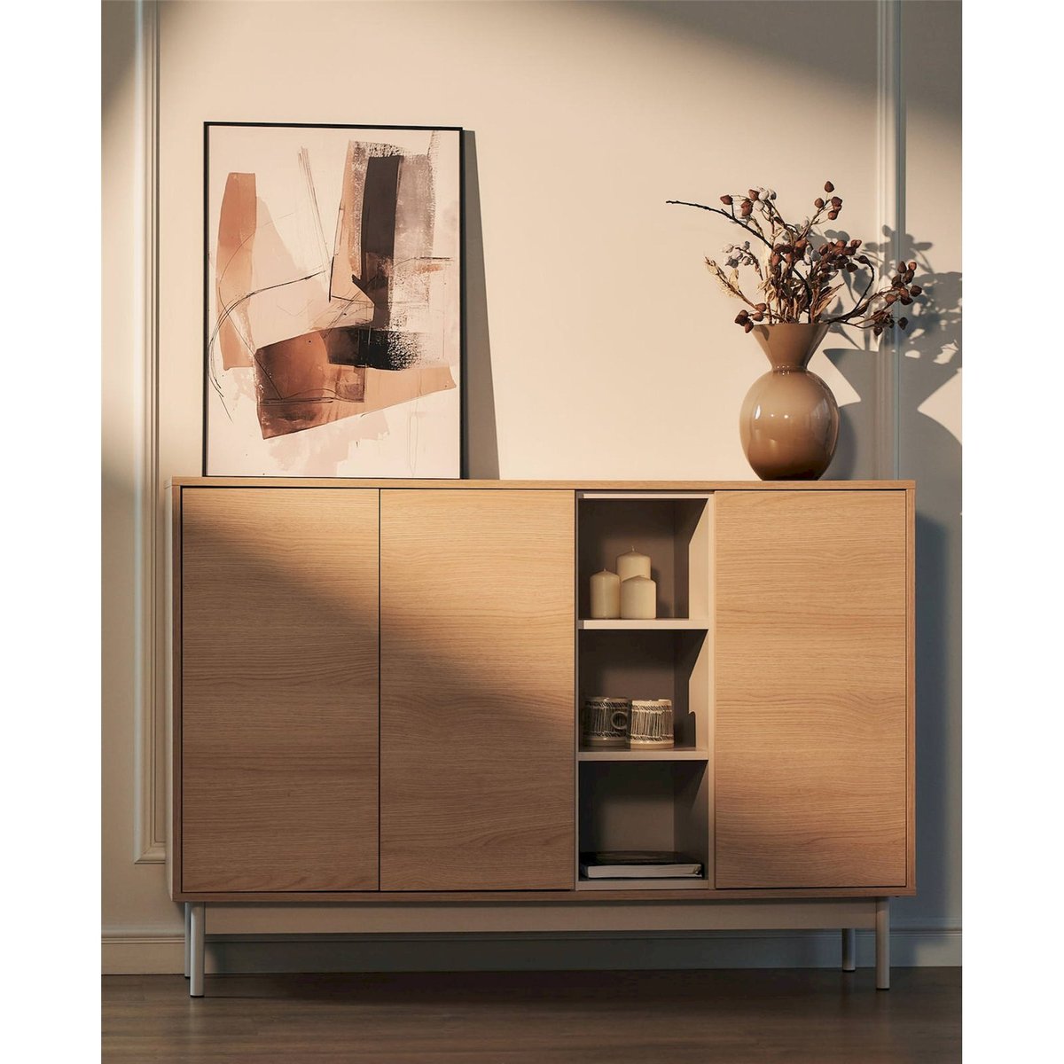 Buffet 3 portes bois collection LAYEN chêne lindberg et beige cachemire, RECOLLECTION