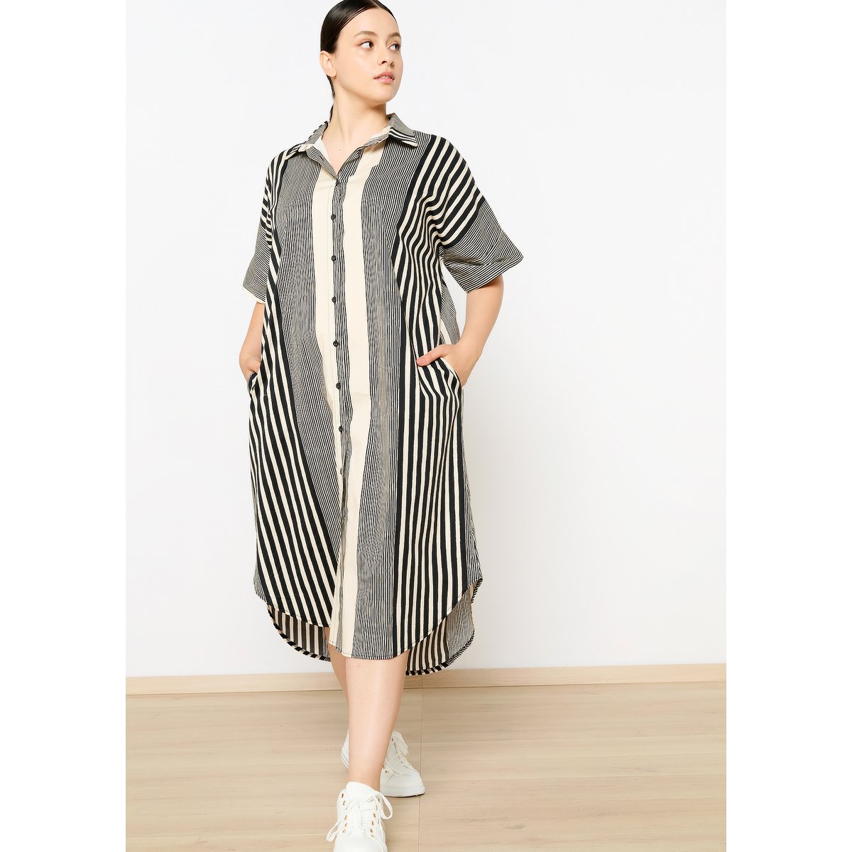 Robe-chemise mi-longue à rayures noir, LOLALIZA