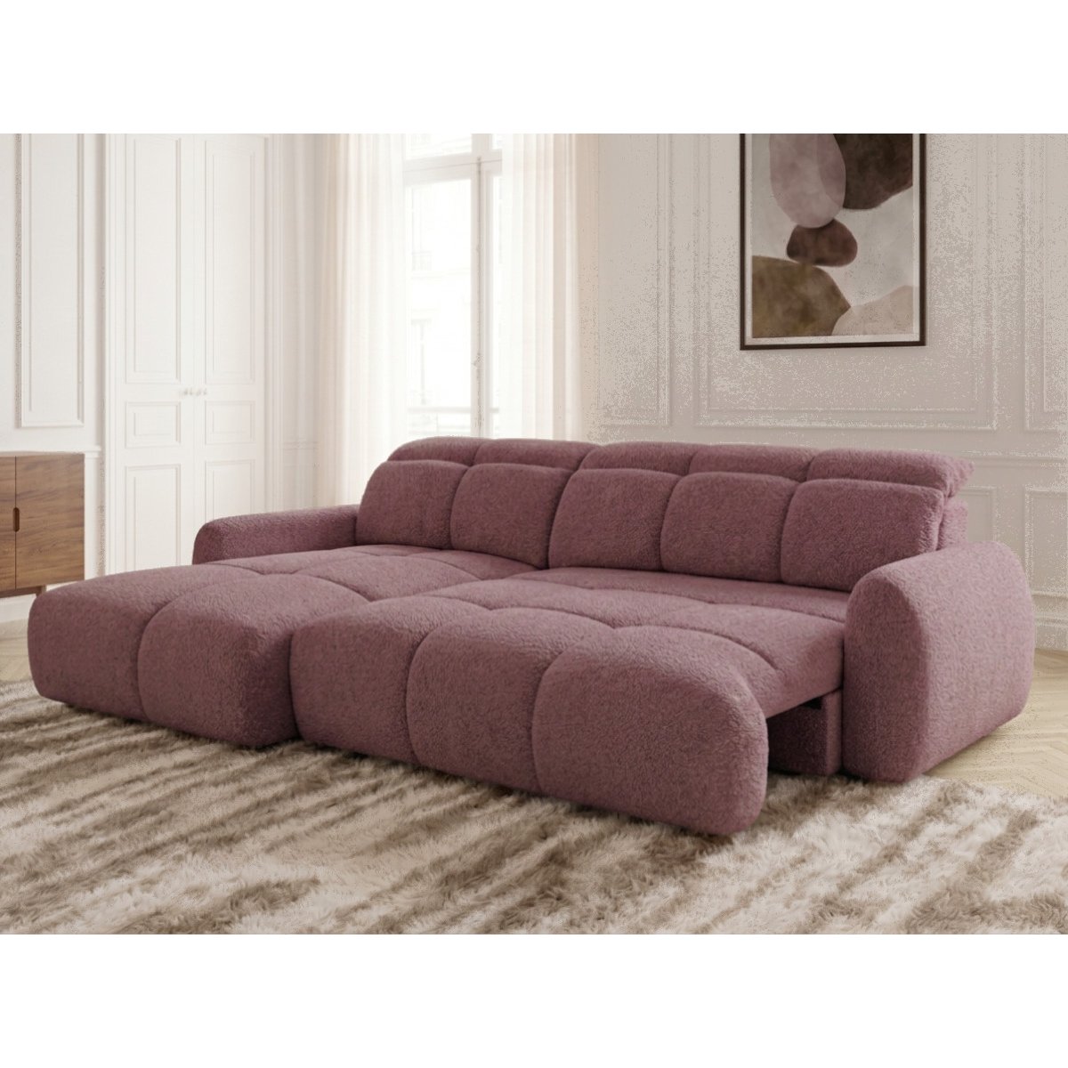 Canapé d'angle convertible 3 places en tissu chenille, RUBY rouge, BOBOCHIC