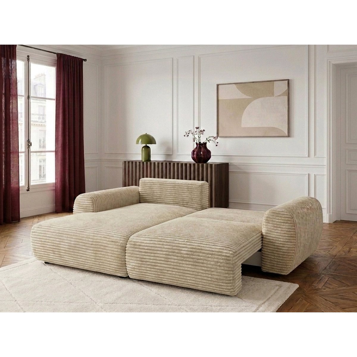 Canapé d'angle convertible 2,5 places en gros côtelé doux, LUCIEN beige, BOBOCHIC