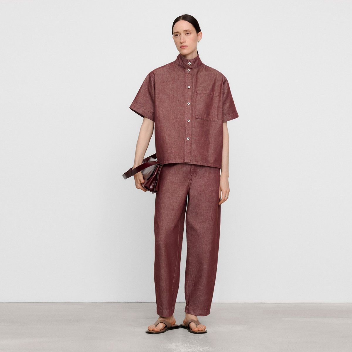Chemise ample en coton à col lanière rouge foncé, ADOLFO DOMINGUEZ