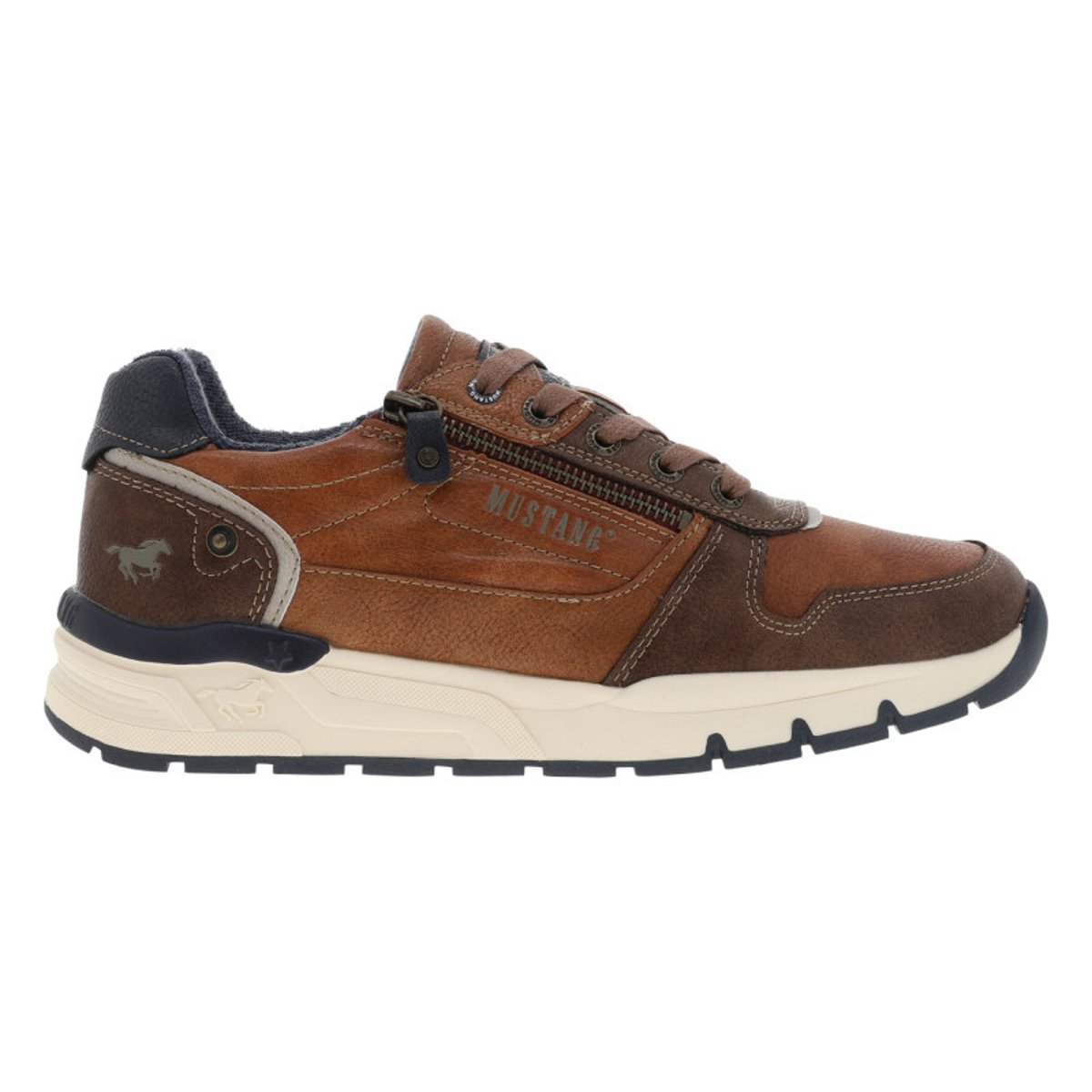 Baskets cognac à talon plat avec des lacets et un zip latéral cognac, MUSTANG