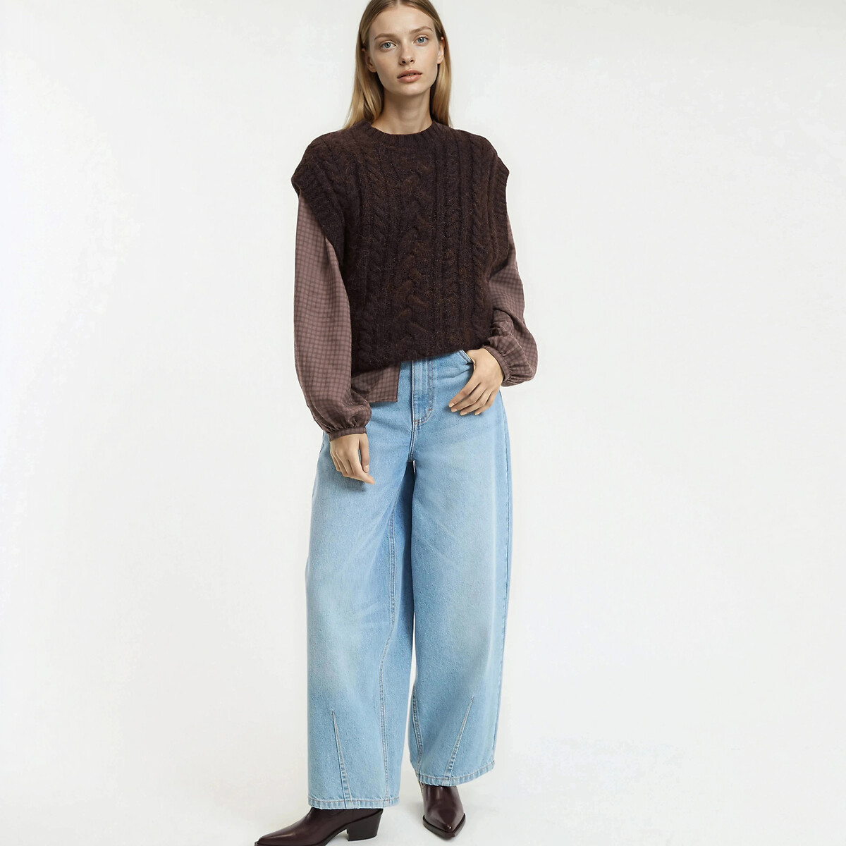 Sleeveless Crew Neck Jumper in Cable Knit brown, LA REDOUTE COLLECTIONS