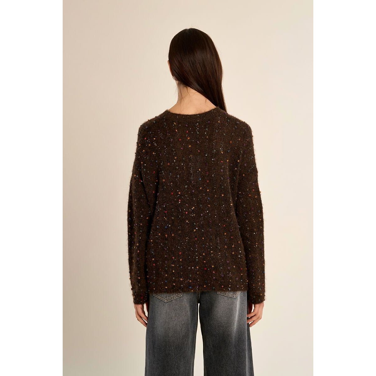 Pull col rond détails multicolores marron chocolat, MOLLY BRACKEN