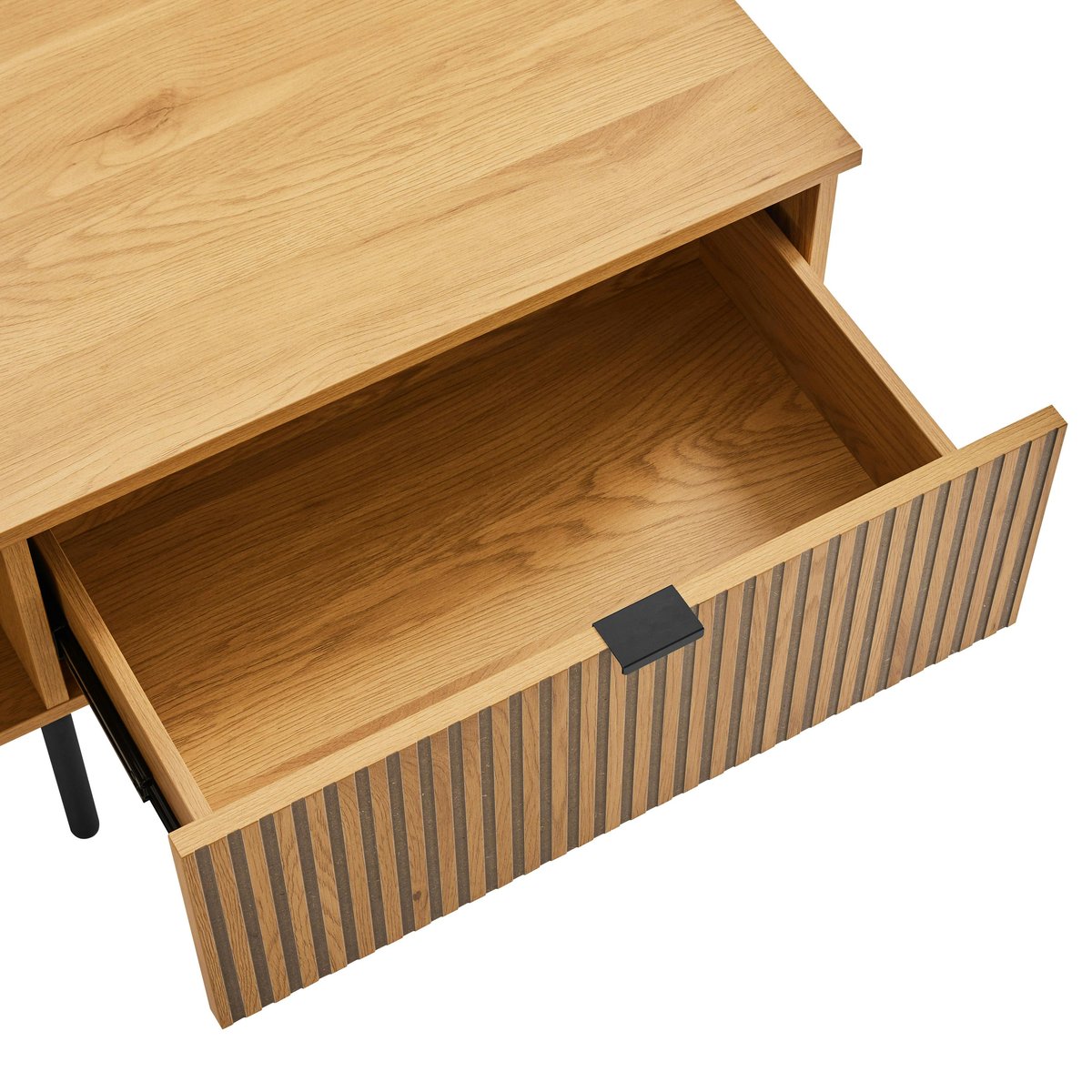 Table basse 2 tiroirs décor effet bois rainuré noir/naturel OLETTA bois naturel, PIER IMPORT