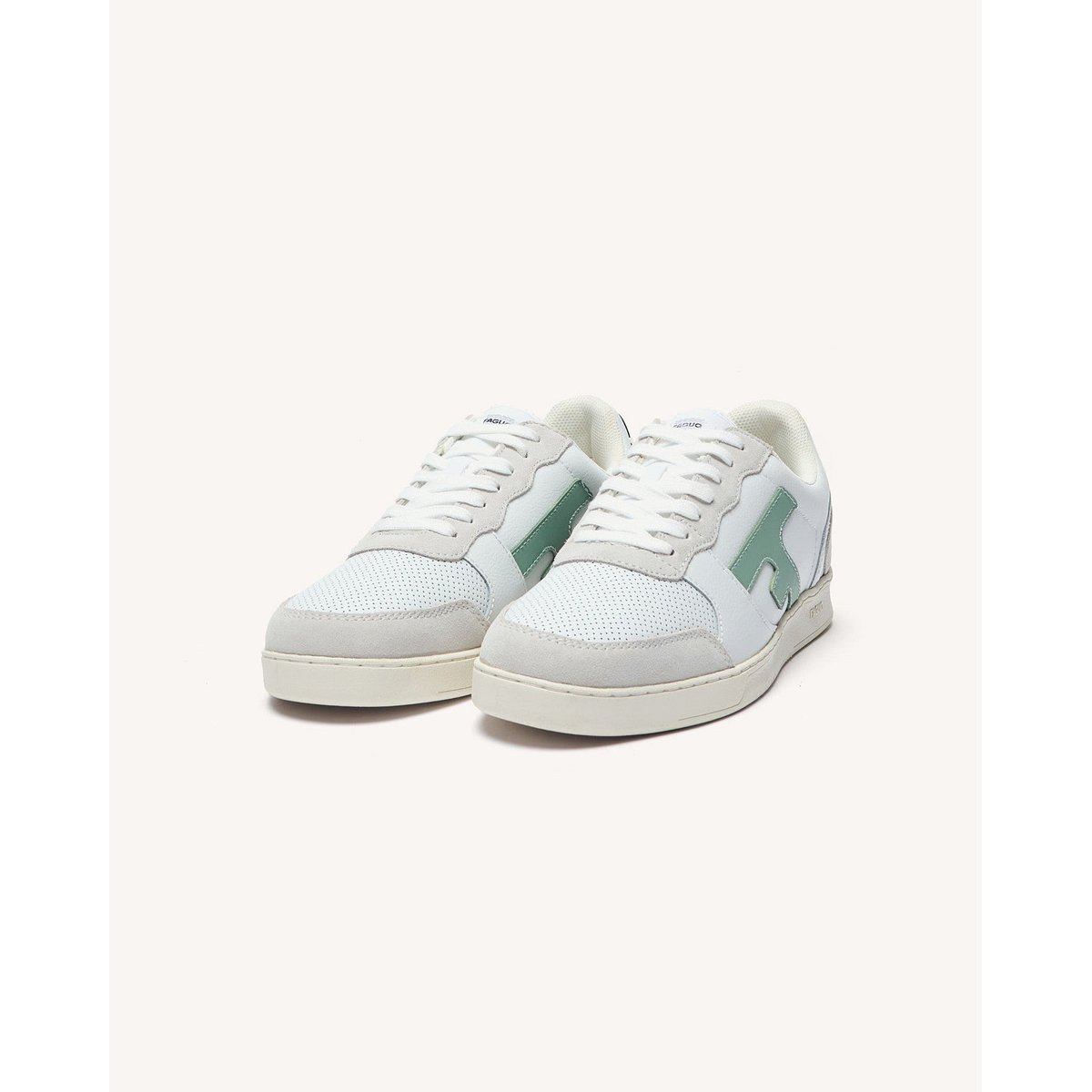 Baskets basses cuir suede HAZEL blanc et lichen et bleu marine, FAGUO