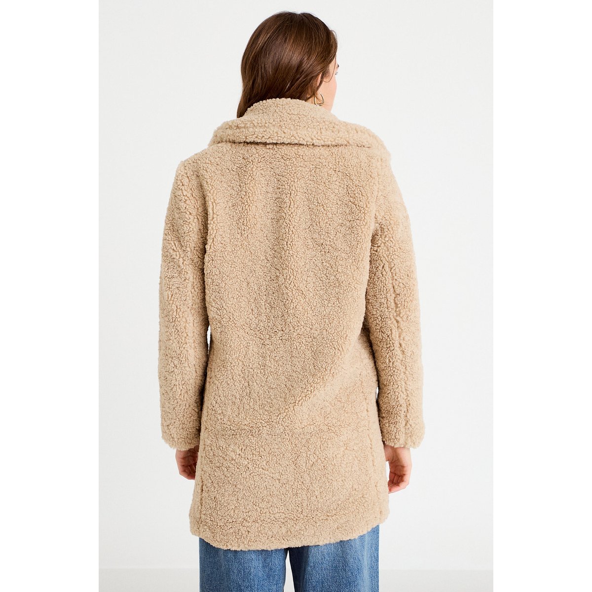 Manteau droit mi-long en bouclette beige, CACHE CACHE