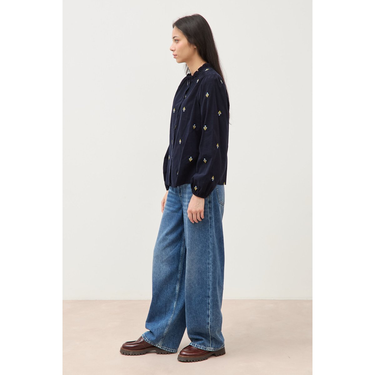 Chemise en coton avec broderie bleu marine, BONOBO