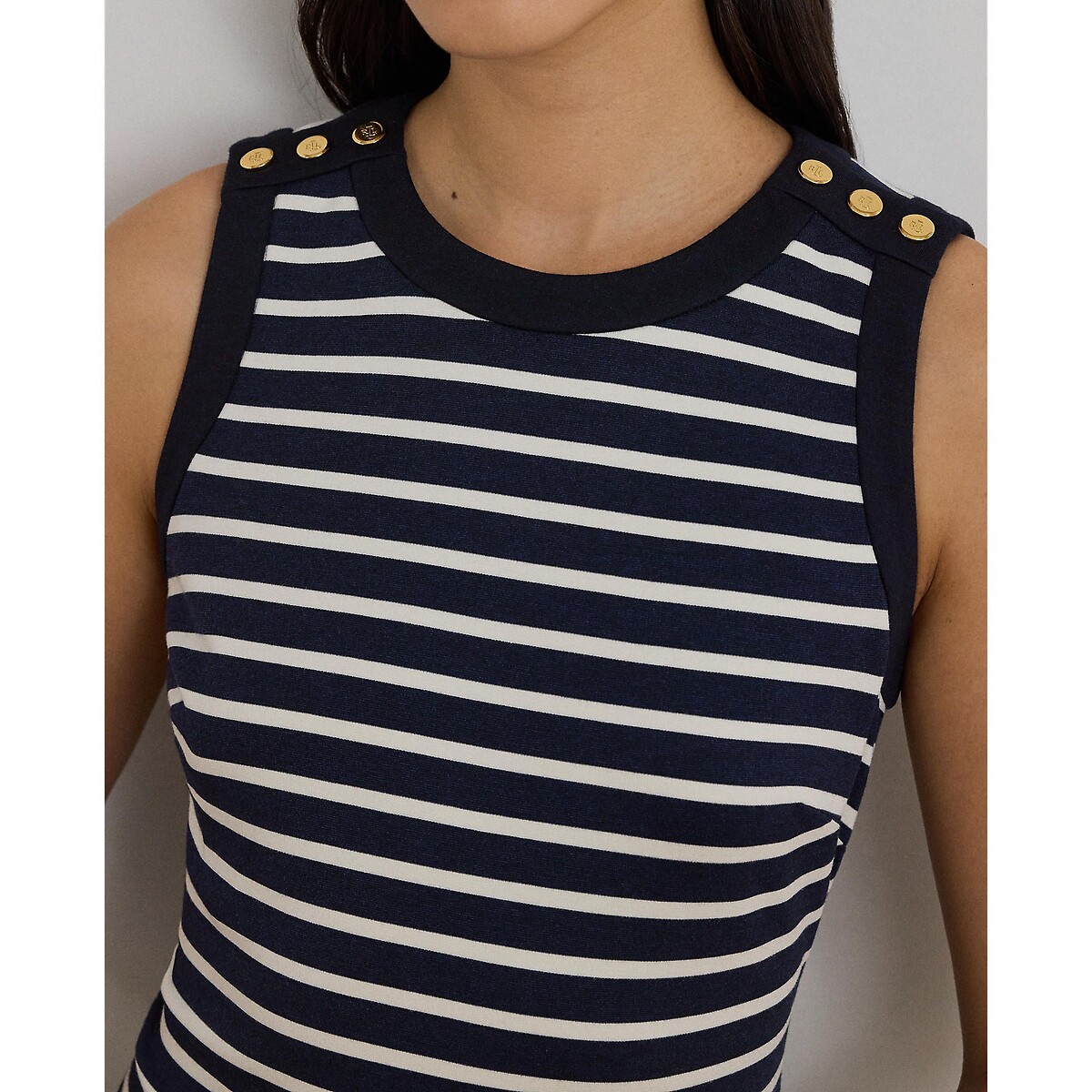 Robe courte rayée sans manches col rond  rayé marine/écru, LAUREN RALPH LAUREN