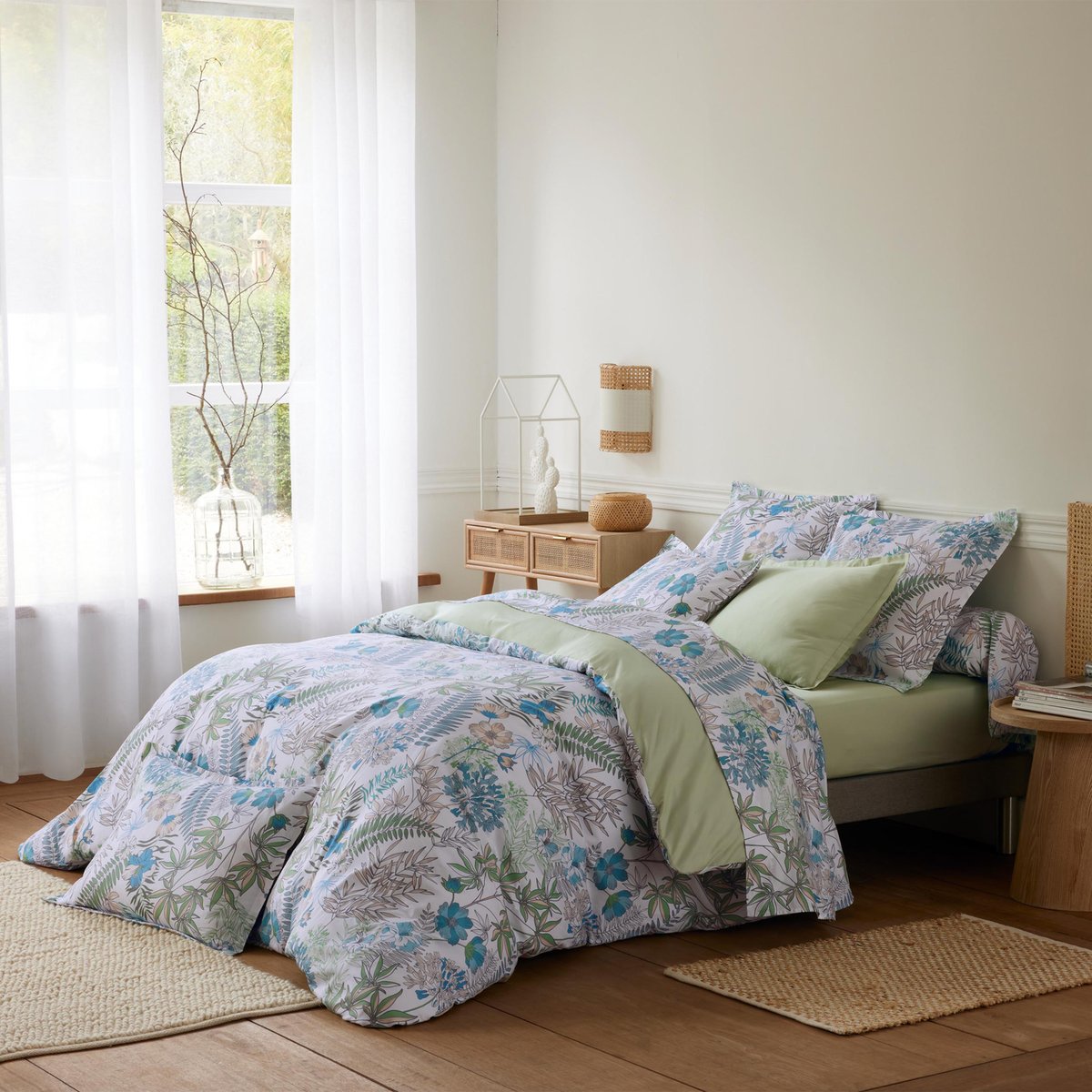 Drap plat satin de coton végétal bleu, TRADILINGE