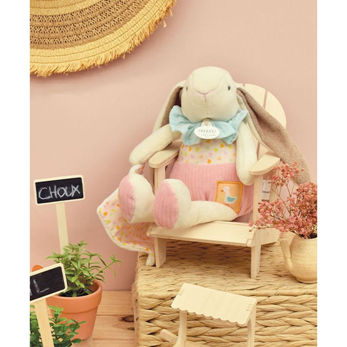 Peluche lapin rose avec son doudou couleur unique, DOUDOU ET COMPAGNIE