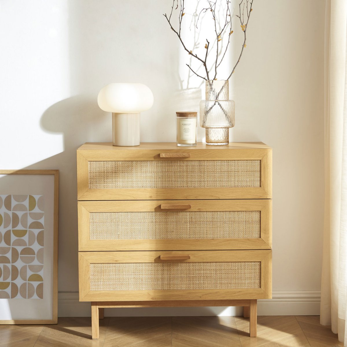 Commode 3 tiroirs en bois et cannage L85cm- JUNE bois clair, DRAWER