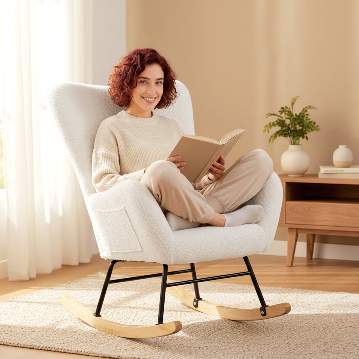 Fauteuil à bascule Peluche Teddy Crème crème, HOMCOM
