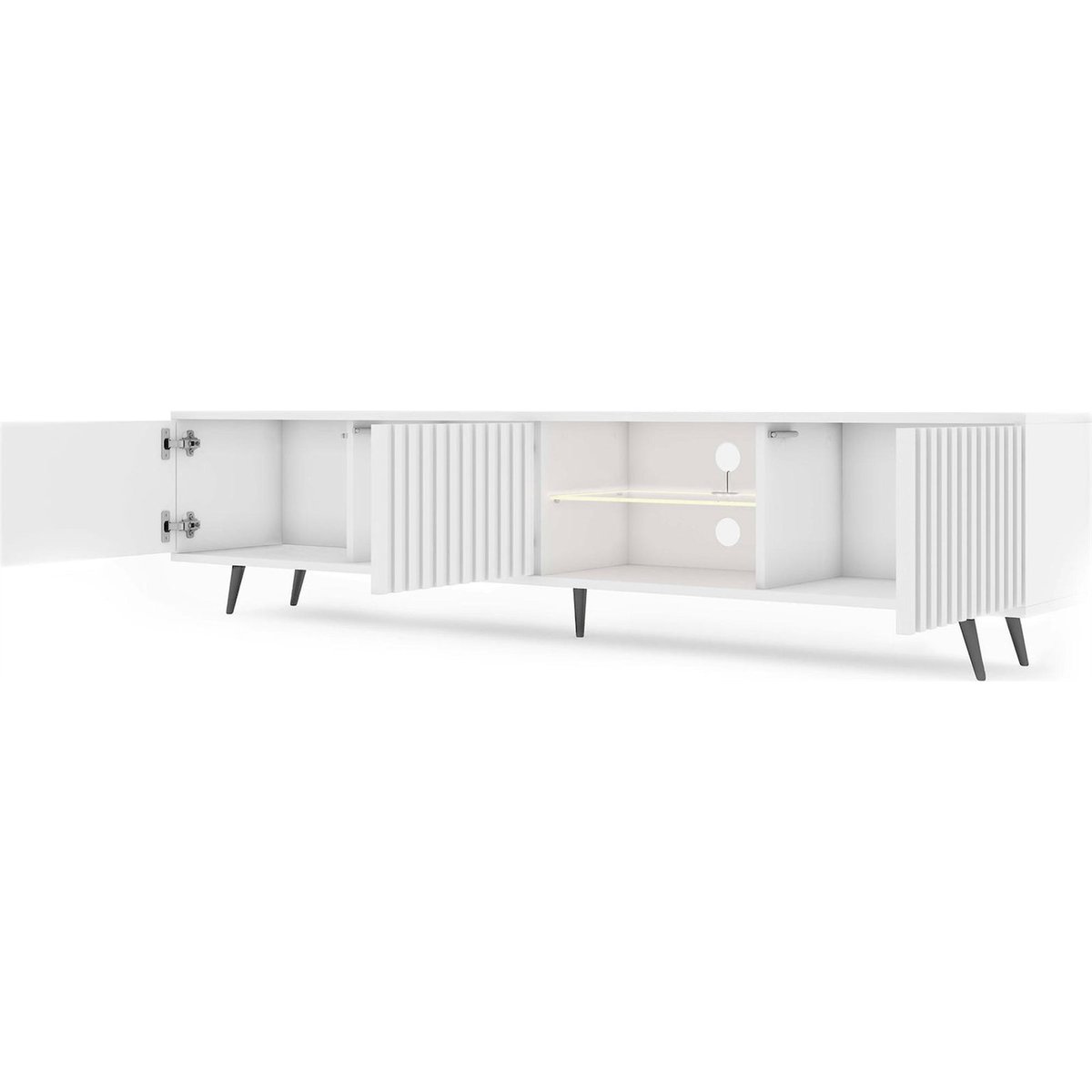 Meuble tv à façades rainurées et LED BELLO blanc, RECOLLECTION