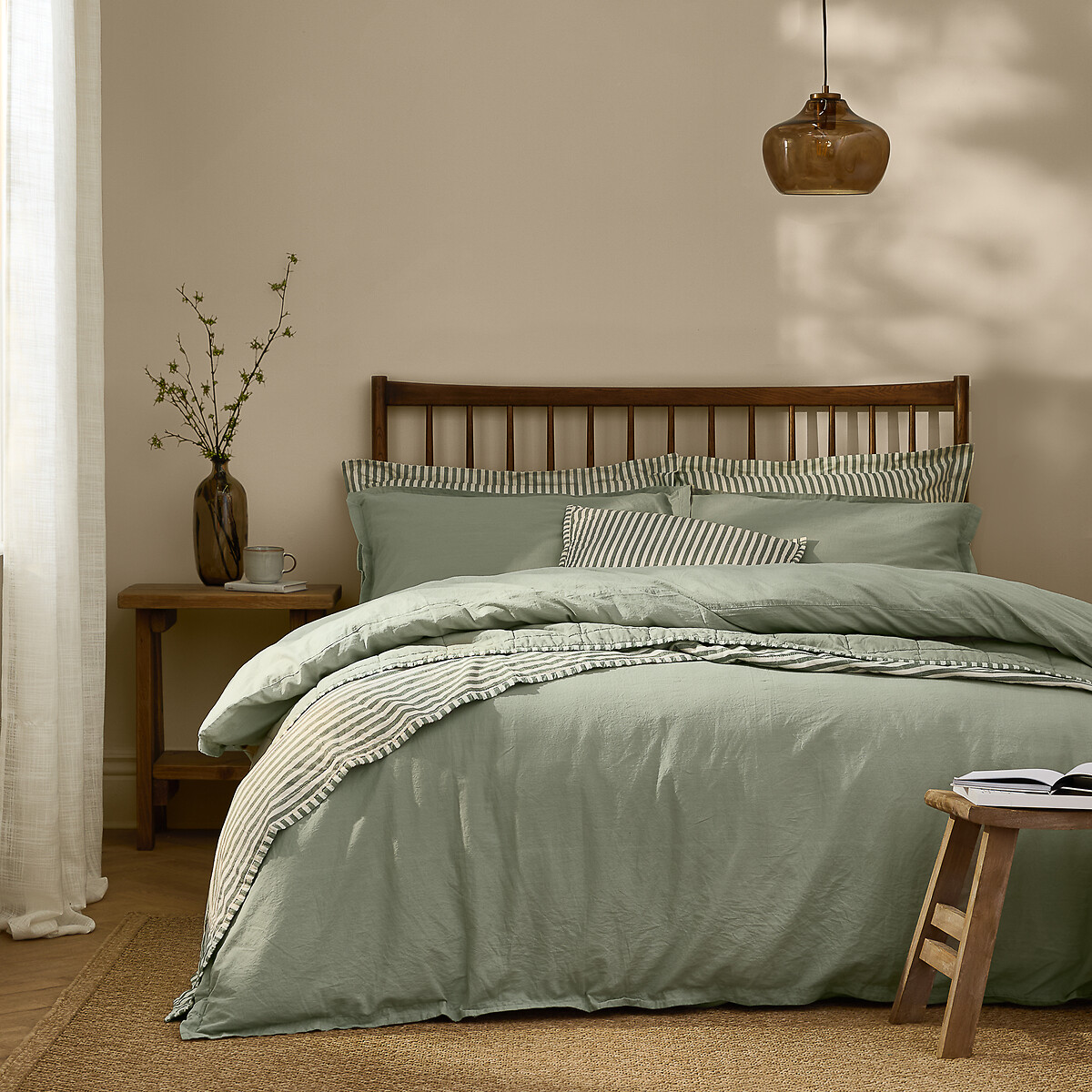 Hebden 100% Washed Cotton Duvet Cover and Pillowcase Set green, YARD