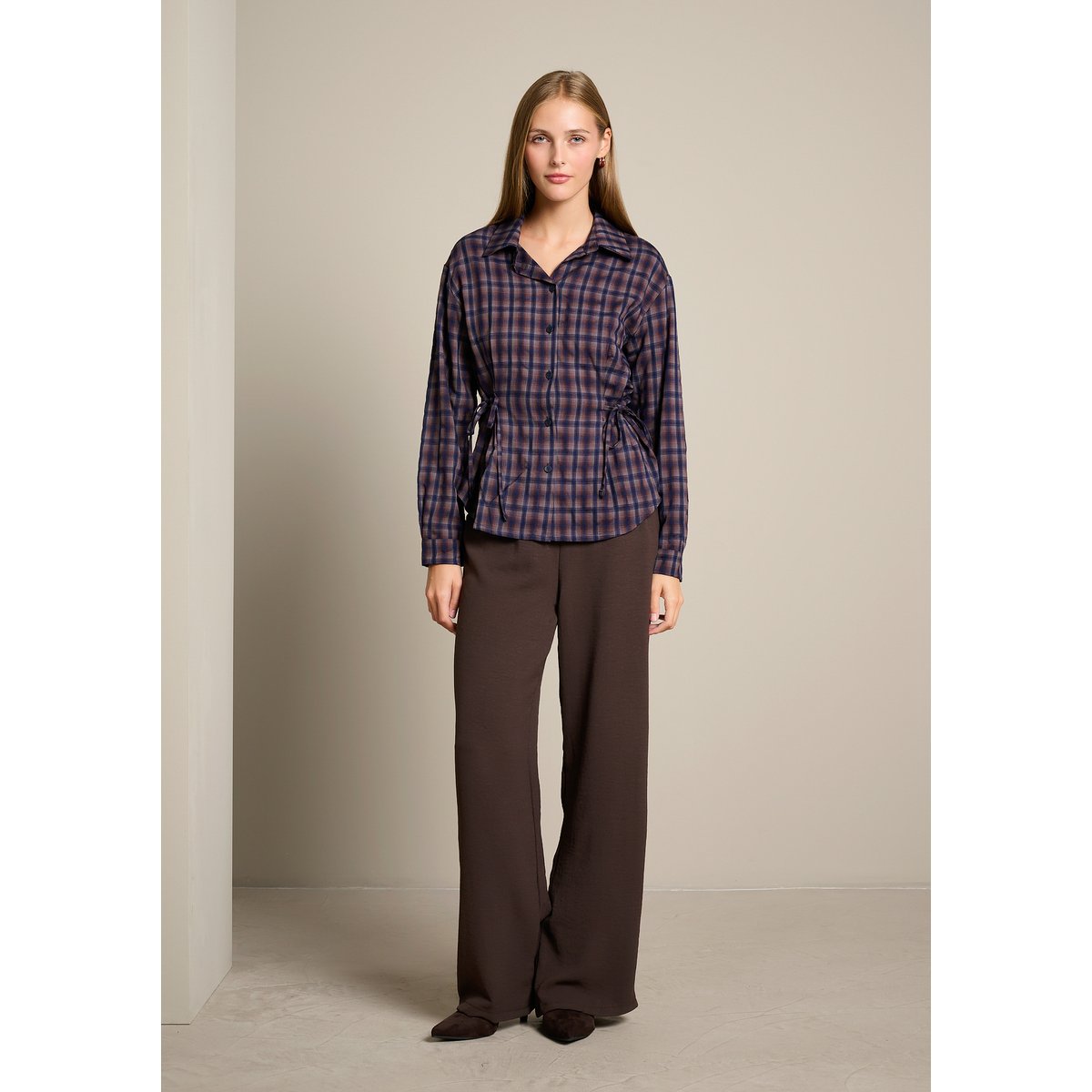 Chemise à carreaux à liens brun fonce chocolate, LOLALIZA