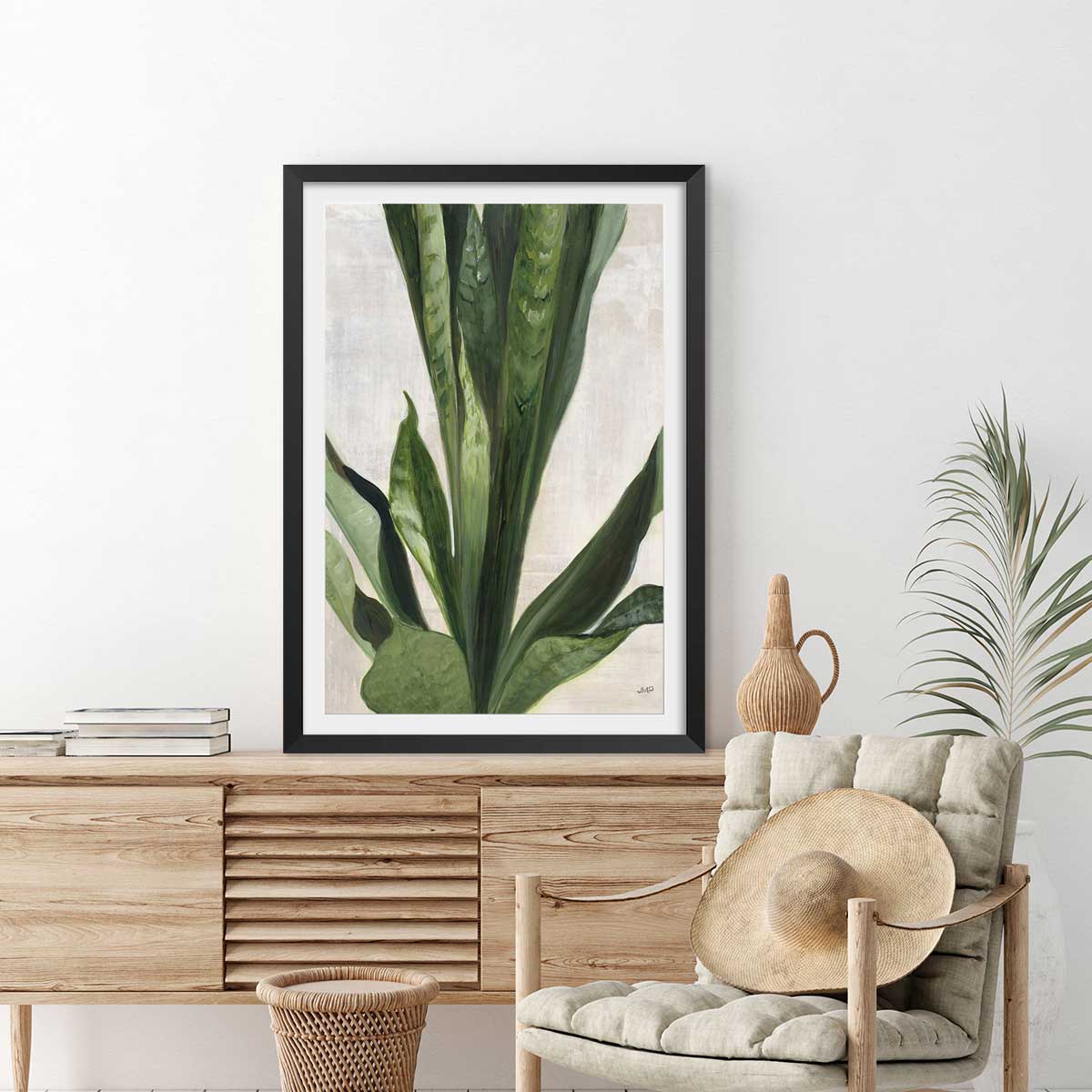 Poster Sanseveria aquarelle affiche + cadre en bois - noir, HEXOA