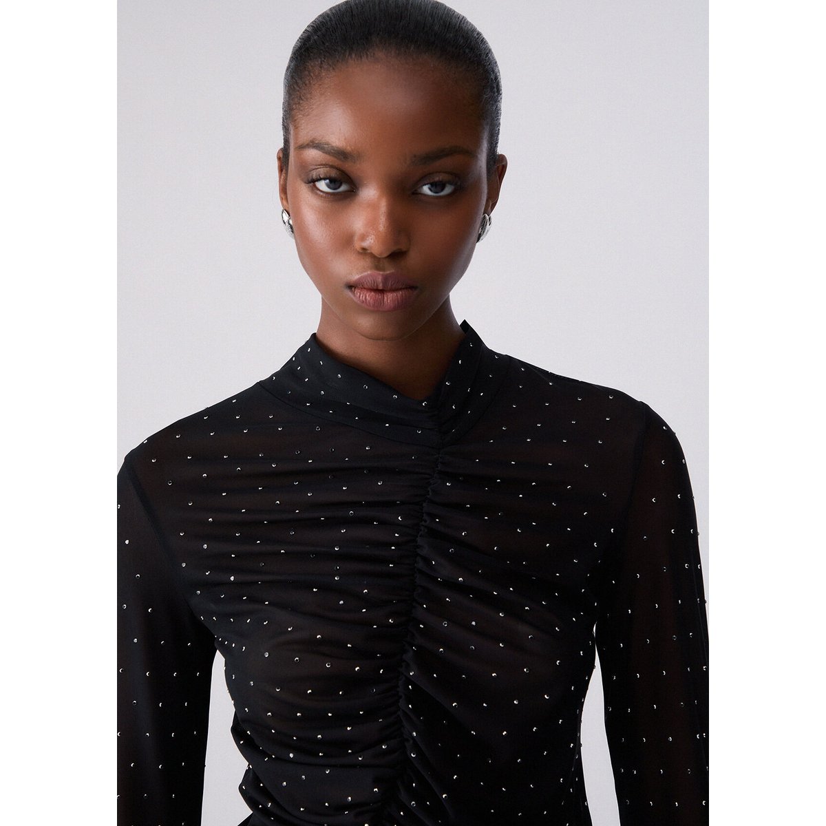 T-shirt en tulle à strass intégraux noir, LIU JO
