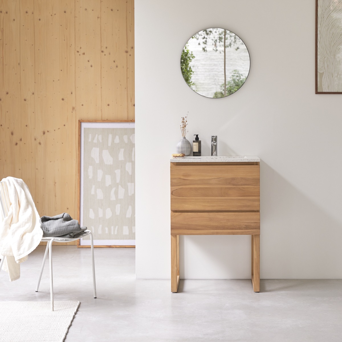 Meuble Salle De Bain en Teck massif, EDGAR marron clair, TIKAMOON