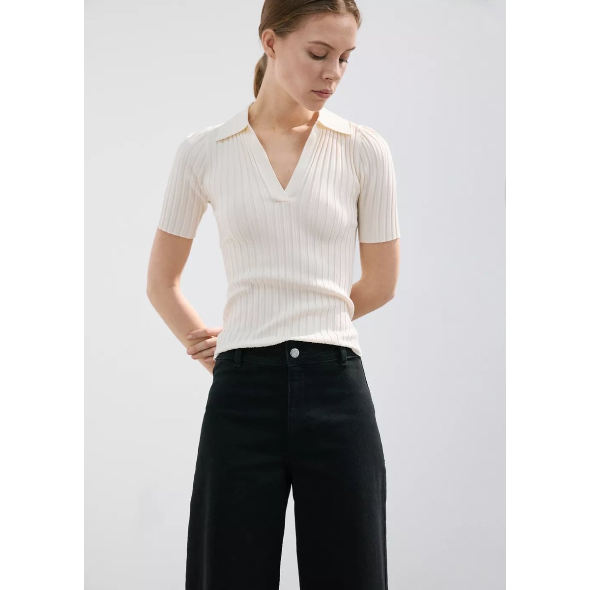 Jean style jupe-culotte Catherin taille haute black denim, MANGO