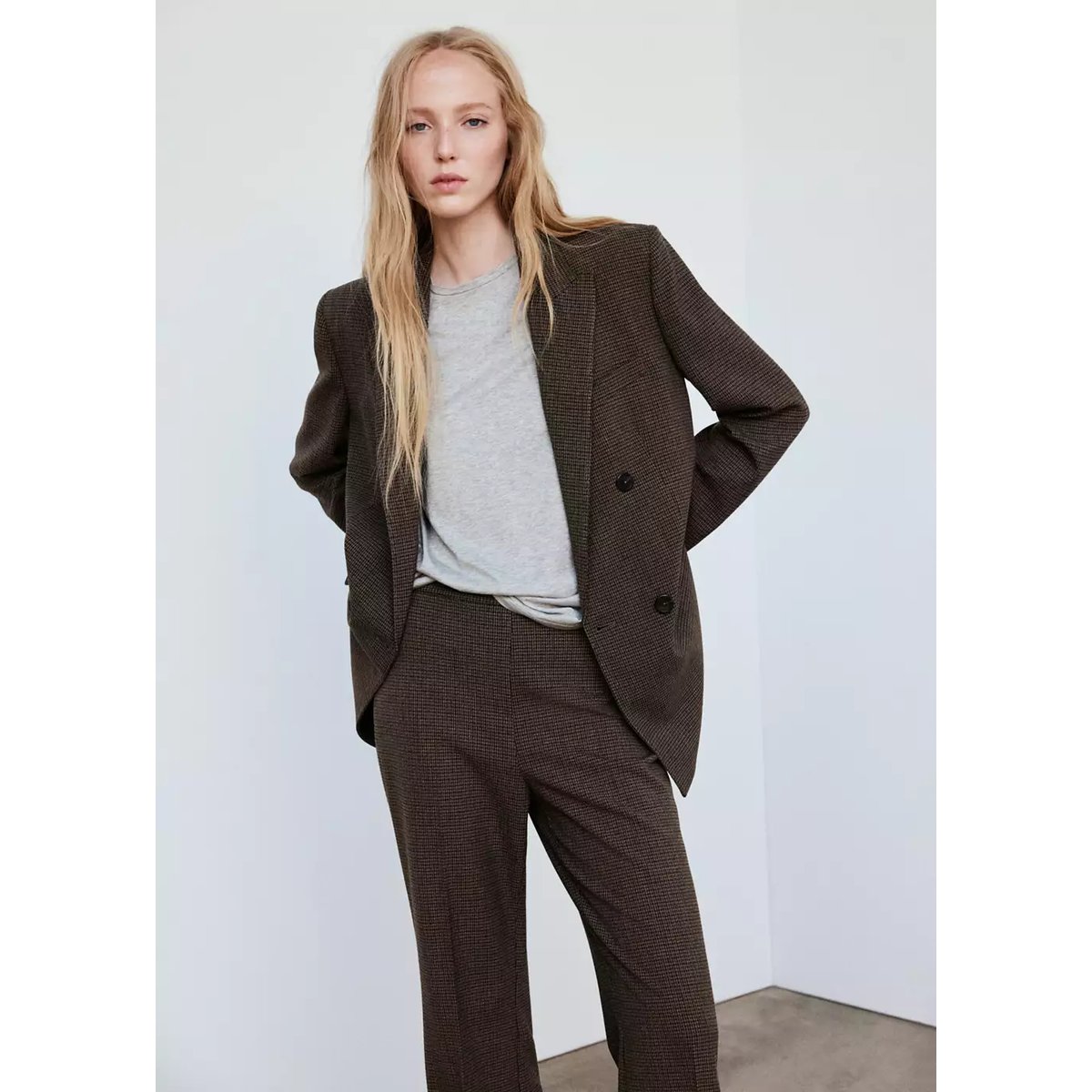 Pantalon de costume en pied-de-poule chocolat, MANGO