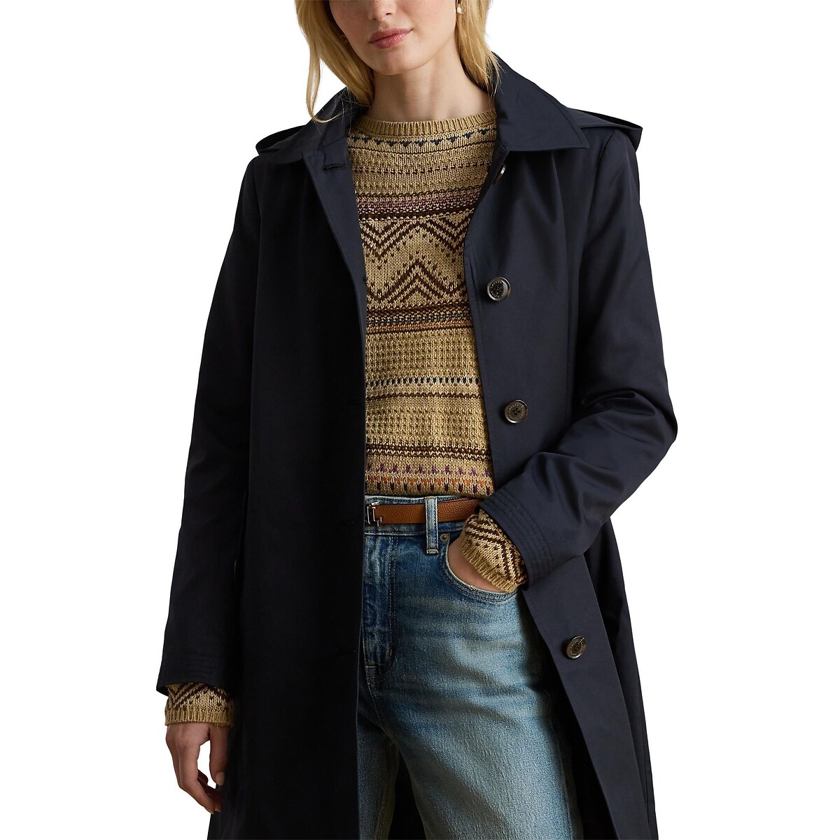 Trench long  fermeture boutonnée, mi-saison marine, LAUREN RALPH LAUREN
