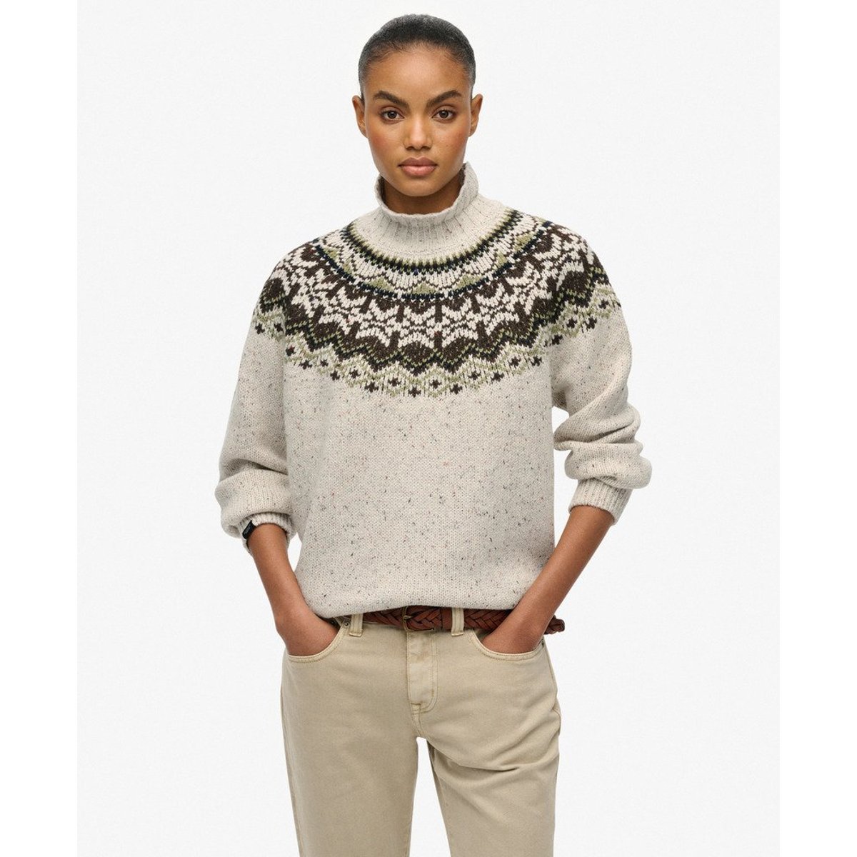 Pull à col montant en jacquard blanc cassé multi, SUPERDRY