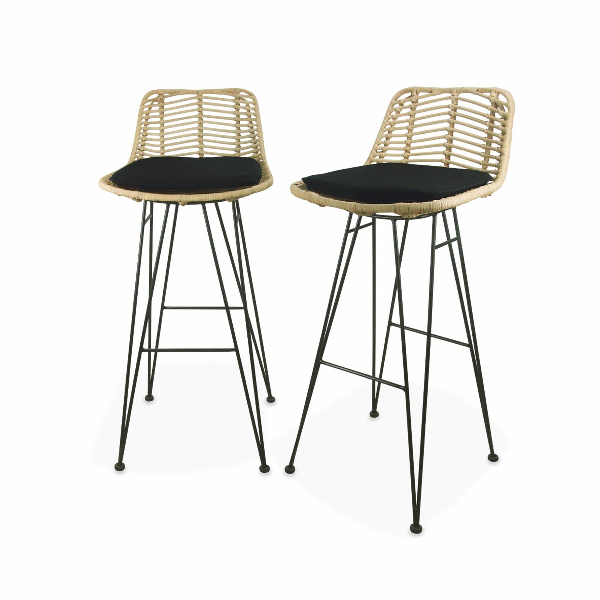 Tabouret de bar métal et rotin 75cm (lot de 2) CAHYA noir, SWEEEK
