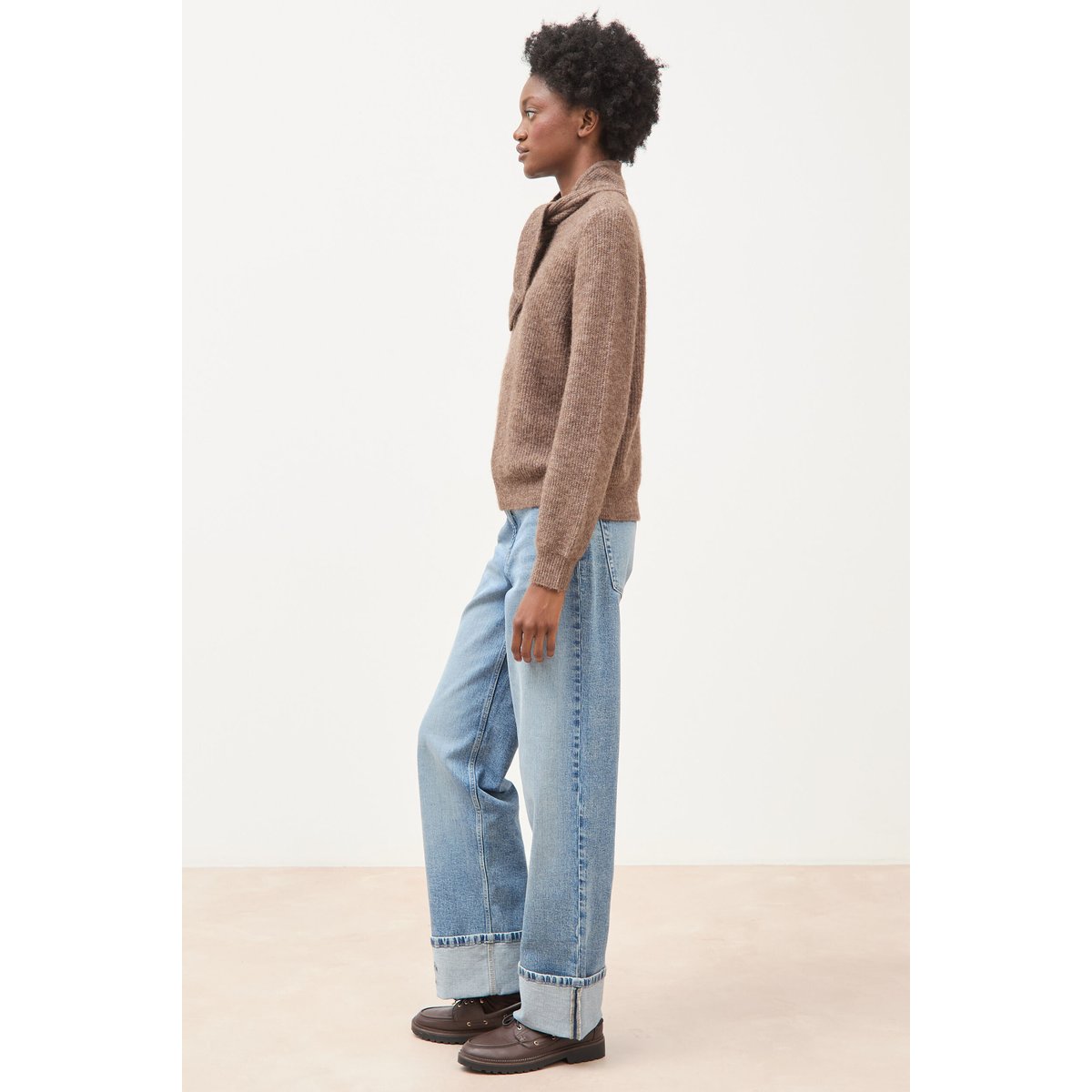 Pull droit col montant manches longues marron, BONOBO