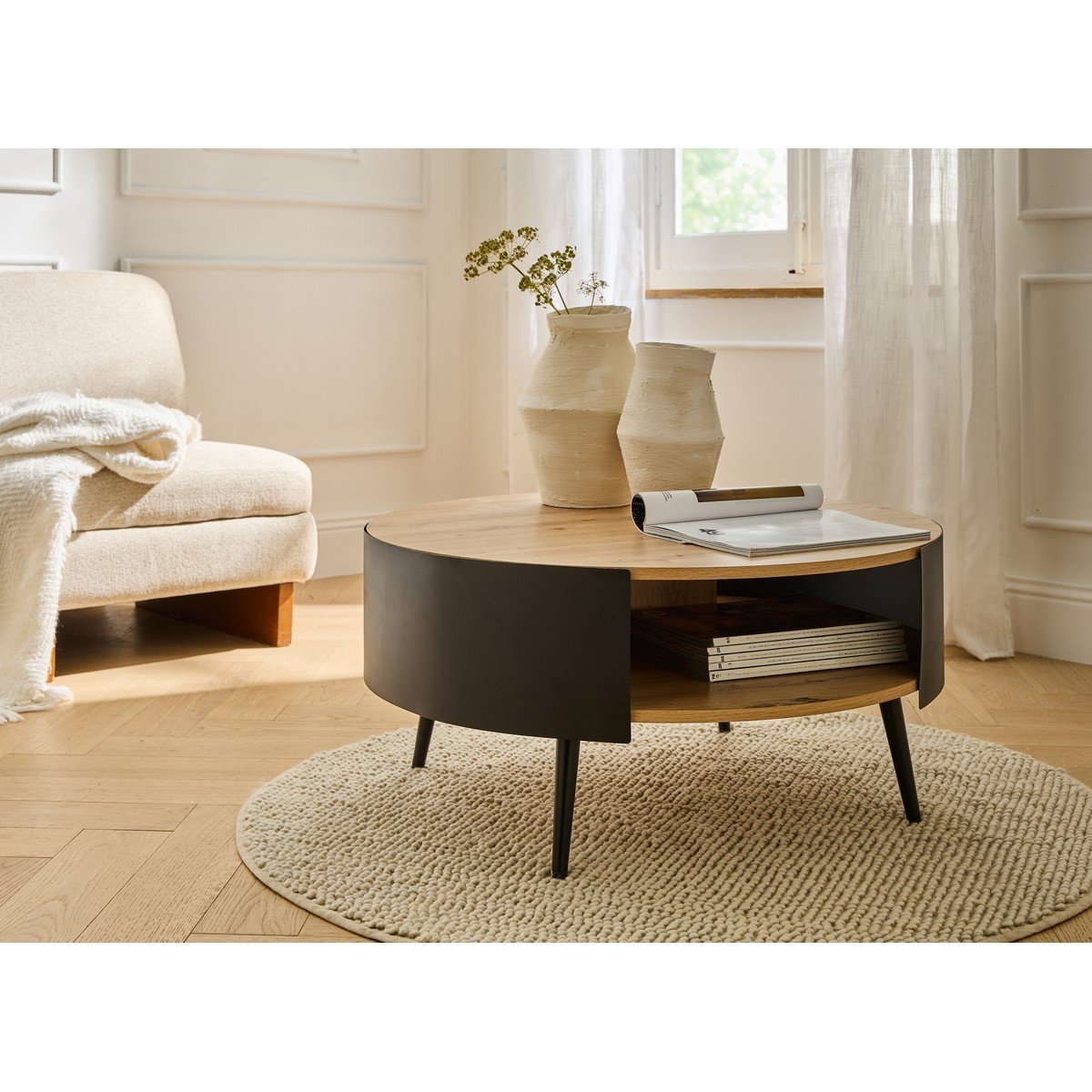 Table Basse Ronde 2 Niveaux Flancs Métal Noir Dia 80cm - EKLO chêne, CALICOSY