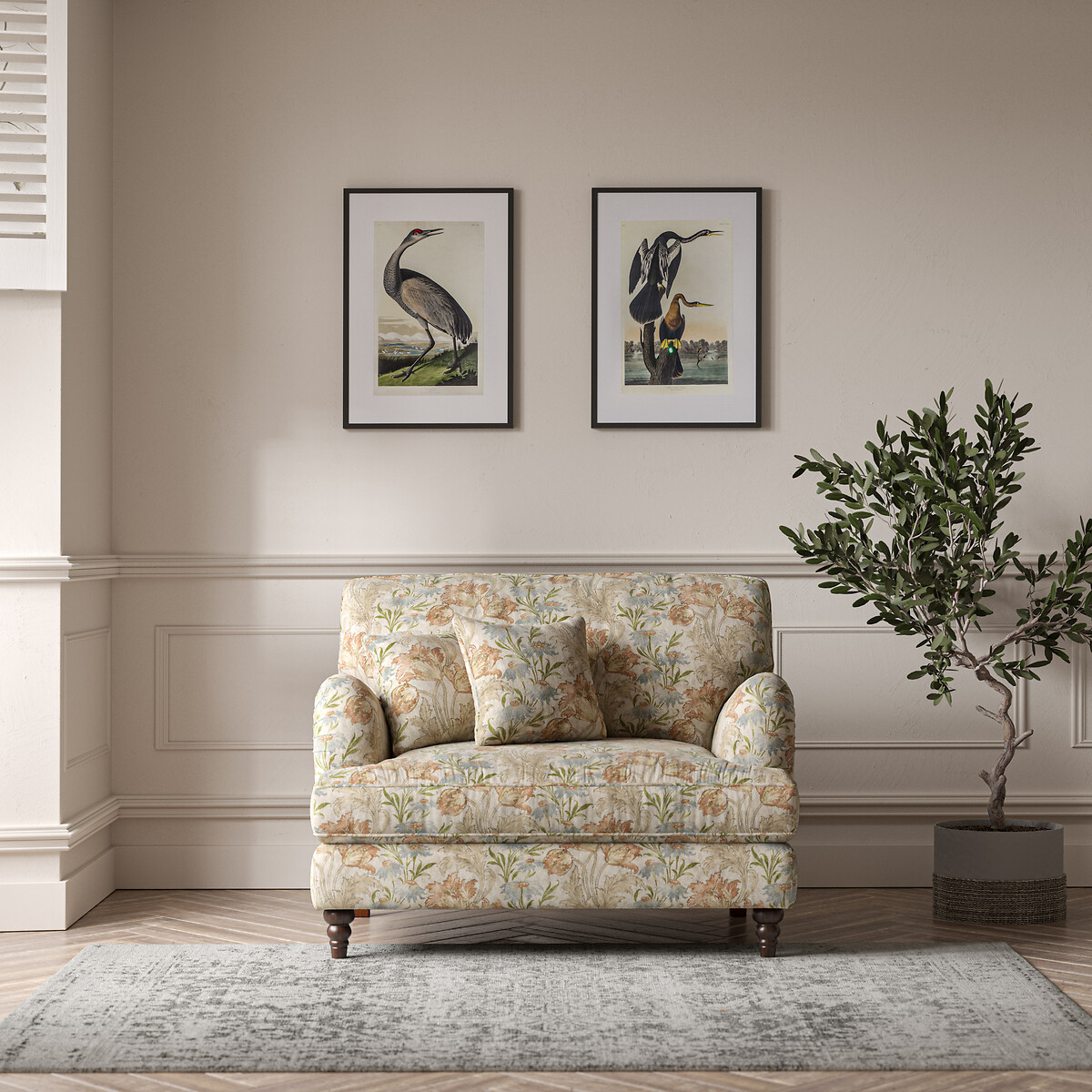 Emeline Floral Chenille Snuggle Chair with Oak Feet beige/floral print, ÉDITÉ