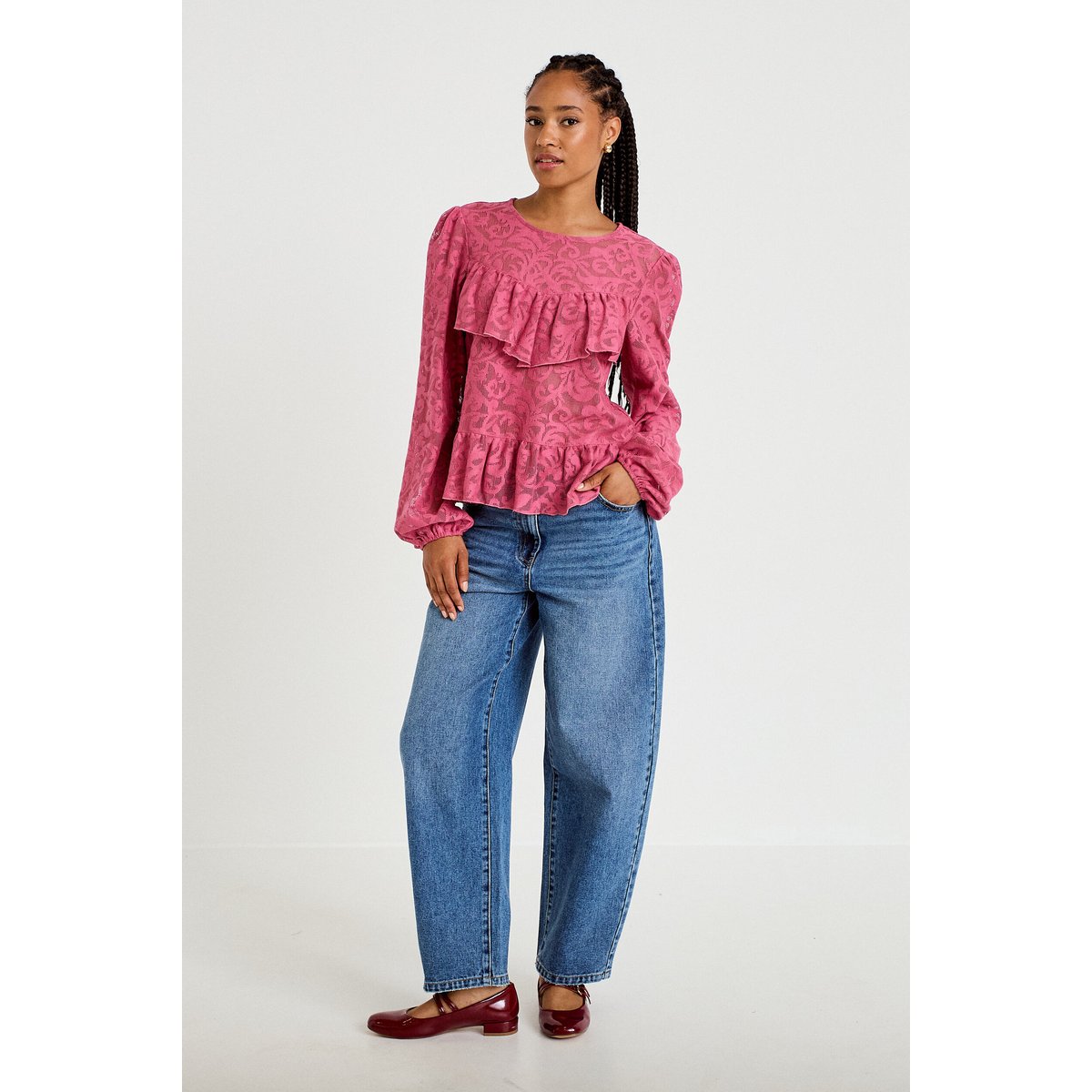Blouse en dentelle manches longues vieux rose, CACHE CACHE
