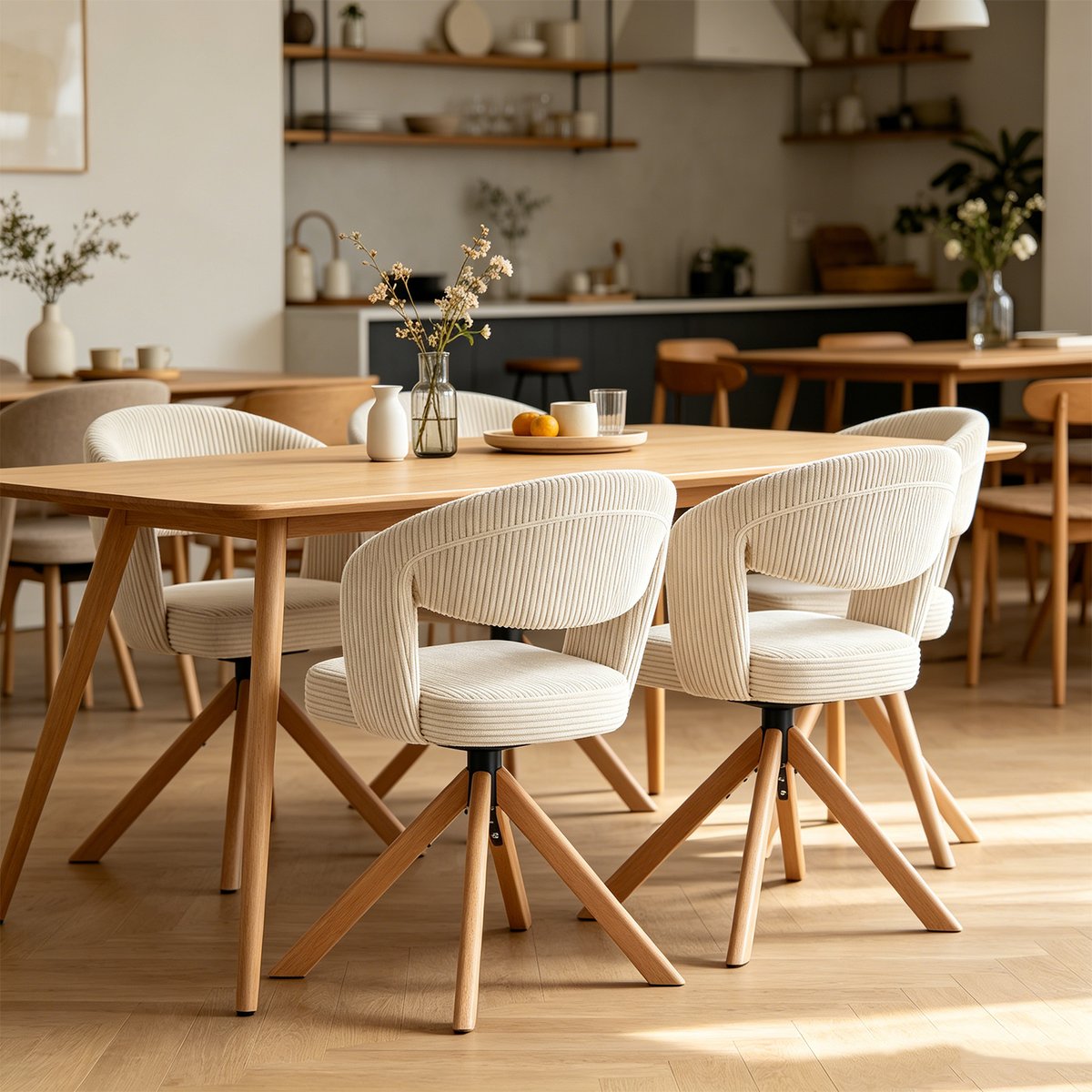 Lot de 4 fauteuils de salle à manger rotatif velours côtelé, CARMONDBCORD chêne beige, MEUBLES COSY
