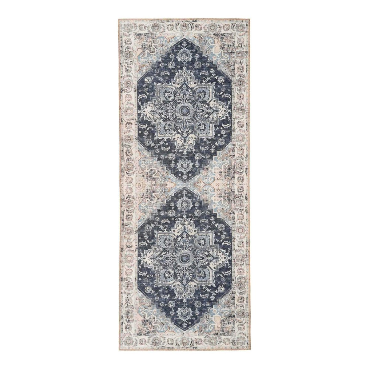 Tapis de couloir vintage tons bleus FEZ noir, PIER IMPORT