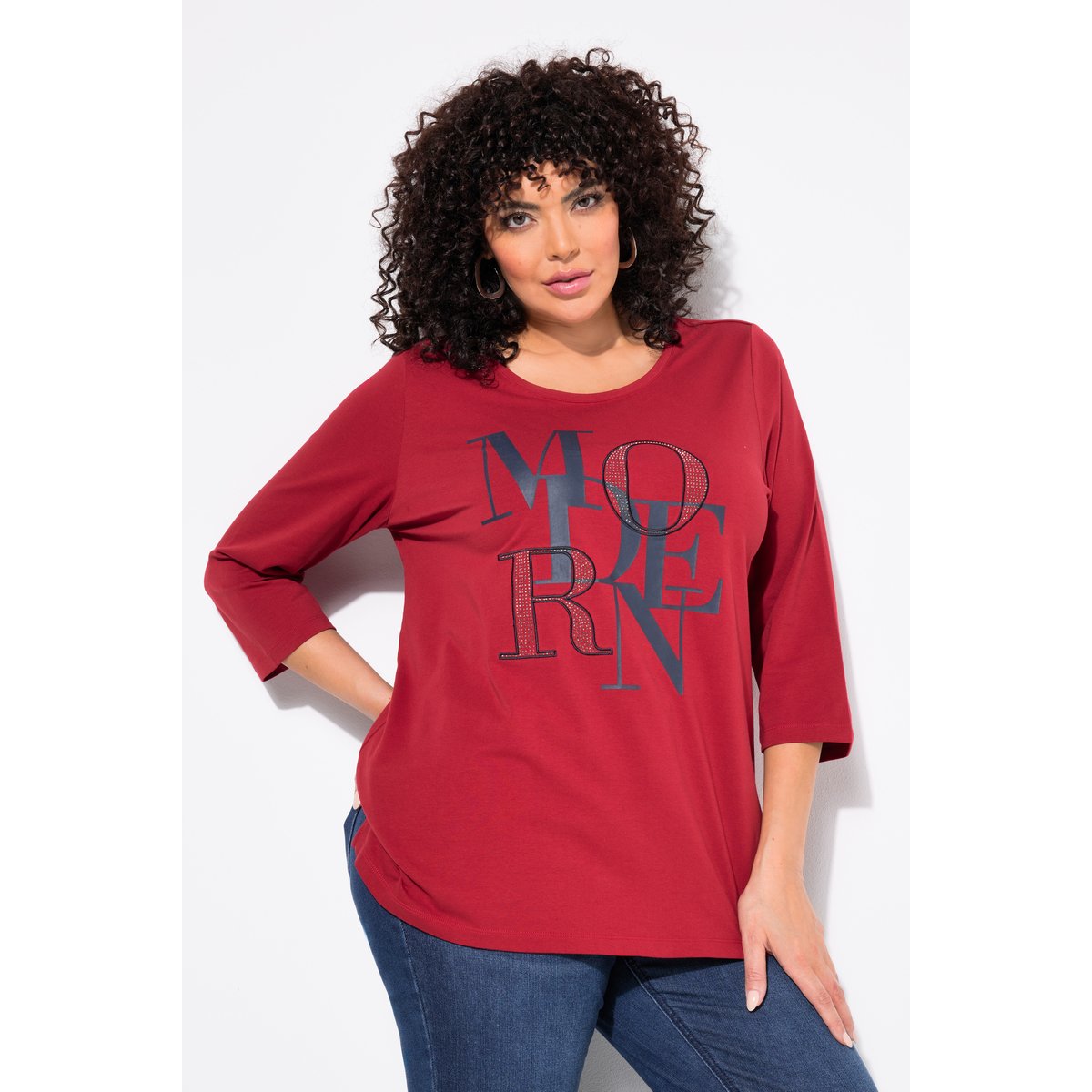 T-shirt col rond et manches 3/4 rouge rubis, ULLA POPKEN