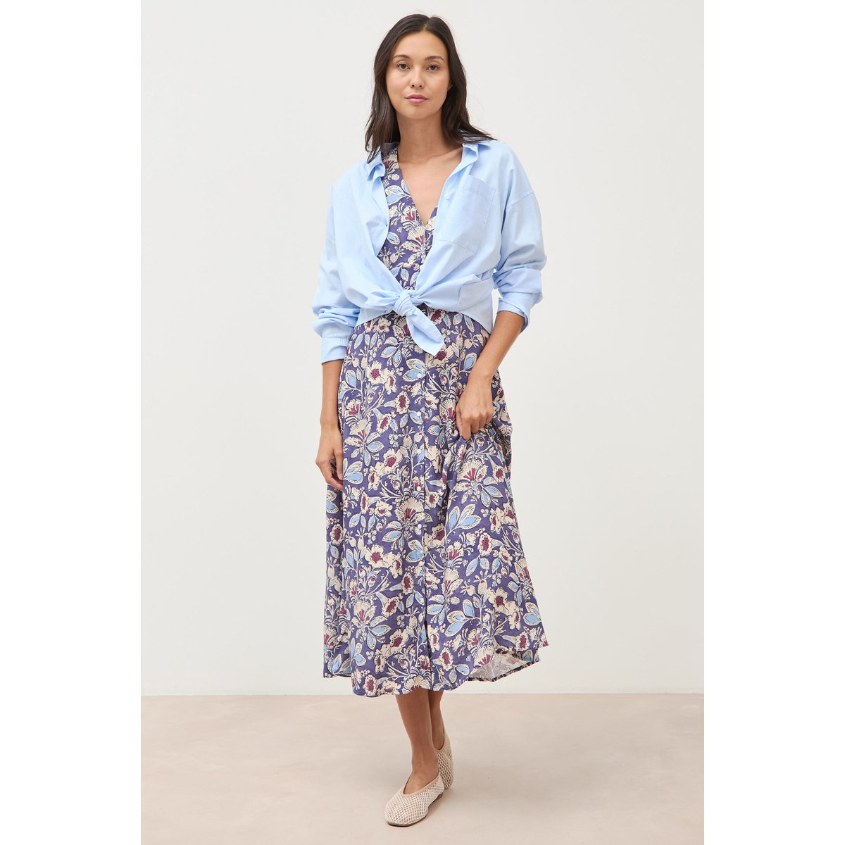 Robe droite 3/4 col v manches courtes bleu, BONOBO