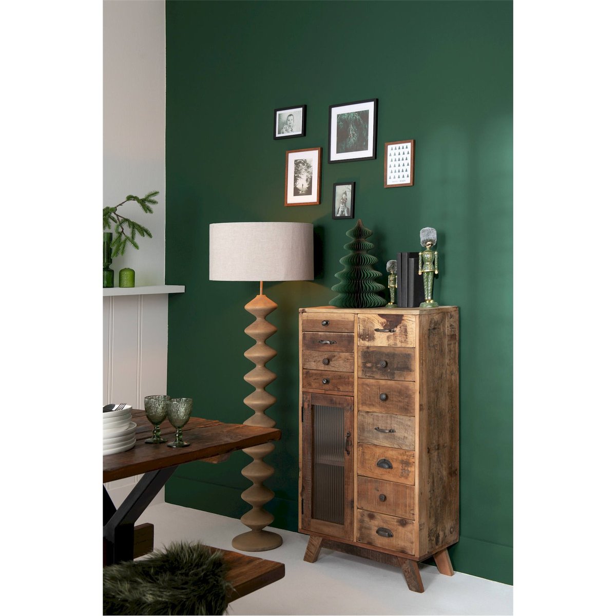 Lampadaire design en bois avec abat-jour rond bois naturel et gris clair, RECOLLECTION
