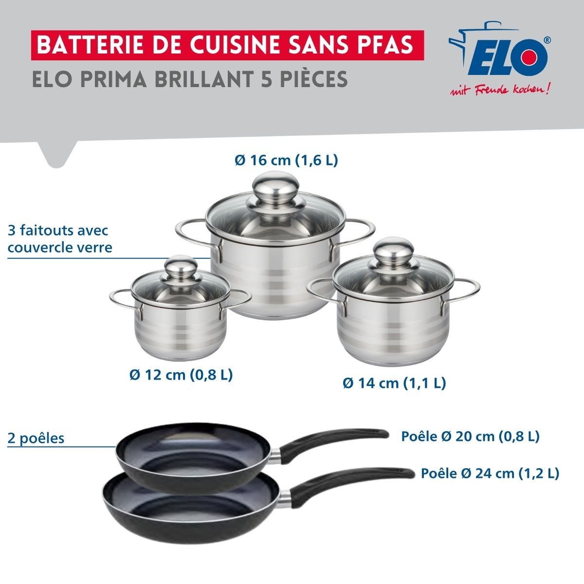 Batterie 2 poêles 20/24cm + 3 faitouts 12/14/16cm PRIMA BRILLANT noir, ELO