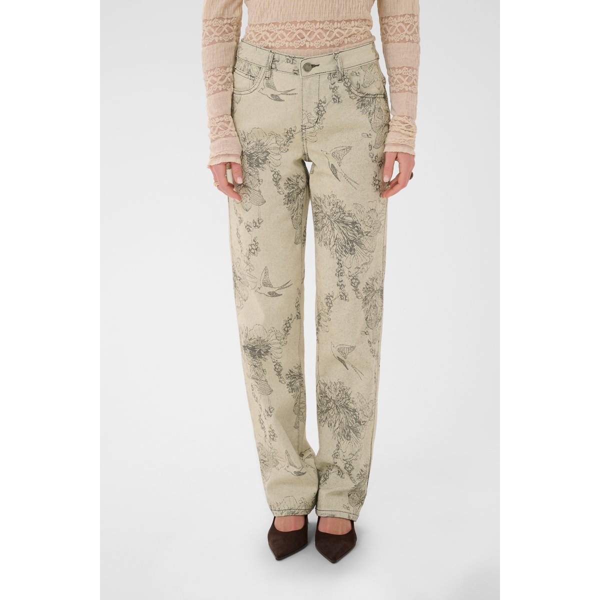 Jeans beige ecru flower jacquard, CREAM