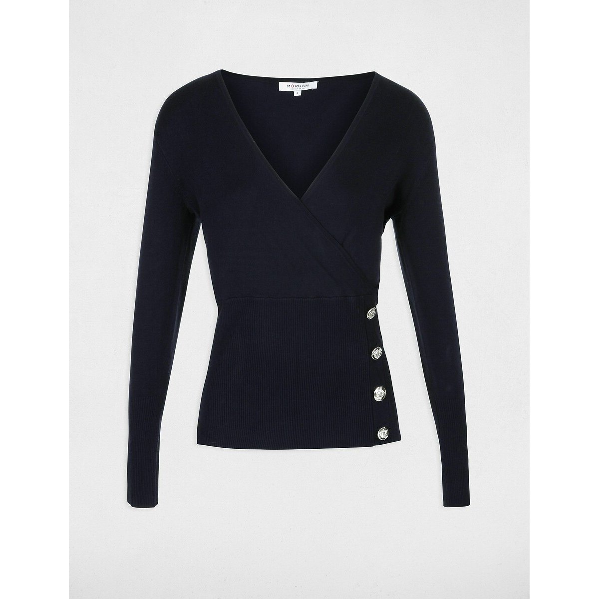 Long Sleeve Jumper with Wrapover Neck Effect black, MORGAN