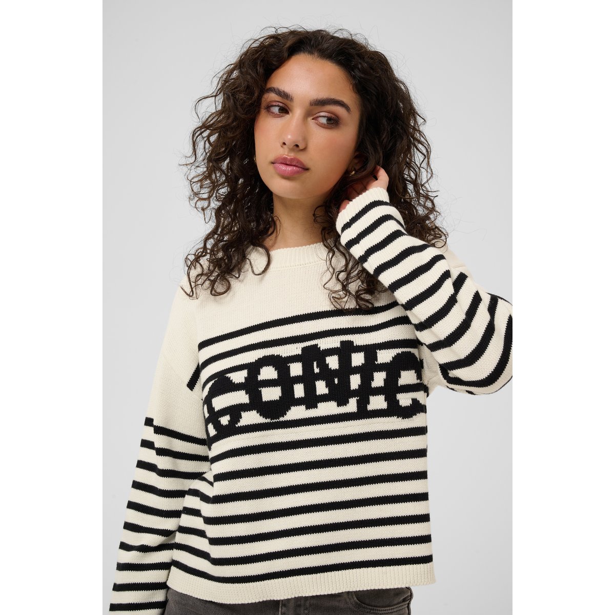 Pullover tricoté blanc chalk black deep stripe knit, KAFFE