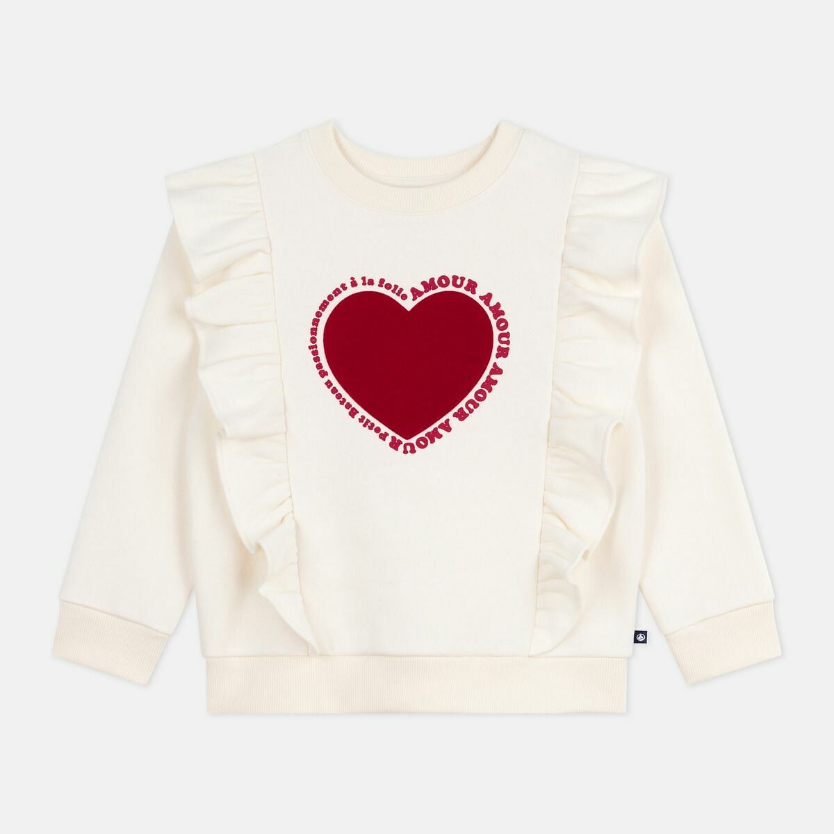 Sweat col rond avec volants en molleton ecru, PETIT BATEAU