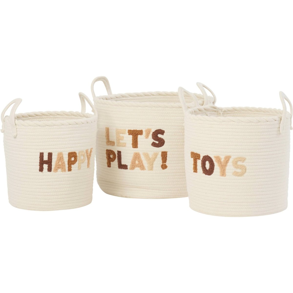 Set de 3 paniers enfant en coton brodé blanc et marron, RECOLLECTION