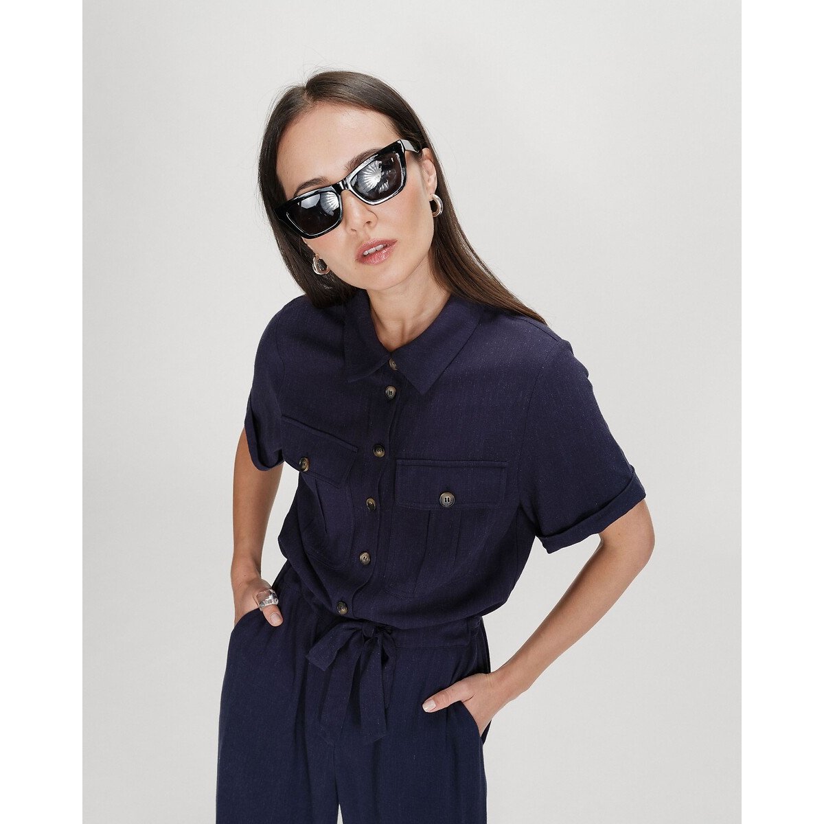 Tuta pantalone con collo a camicia VANELLE blu marino, GRACE & MILA